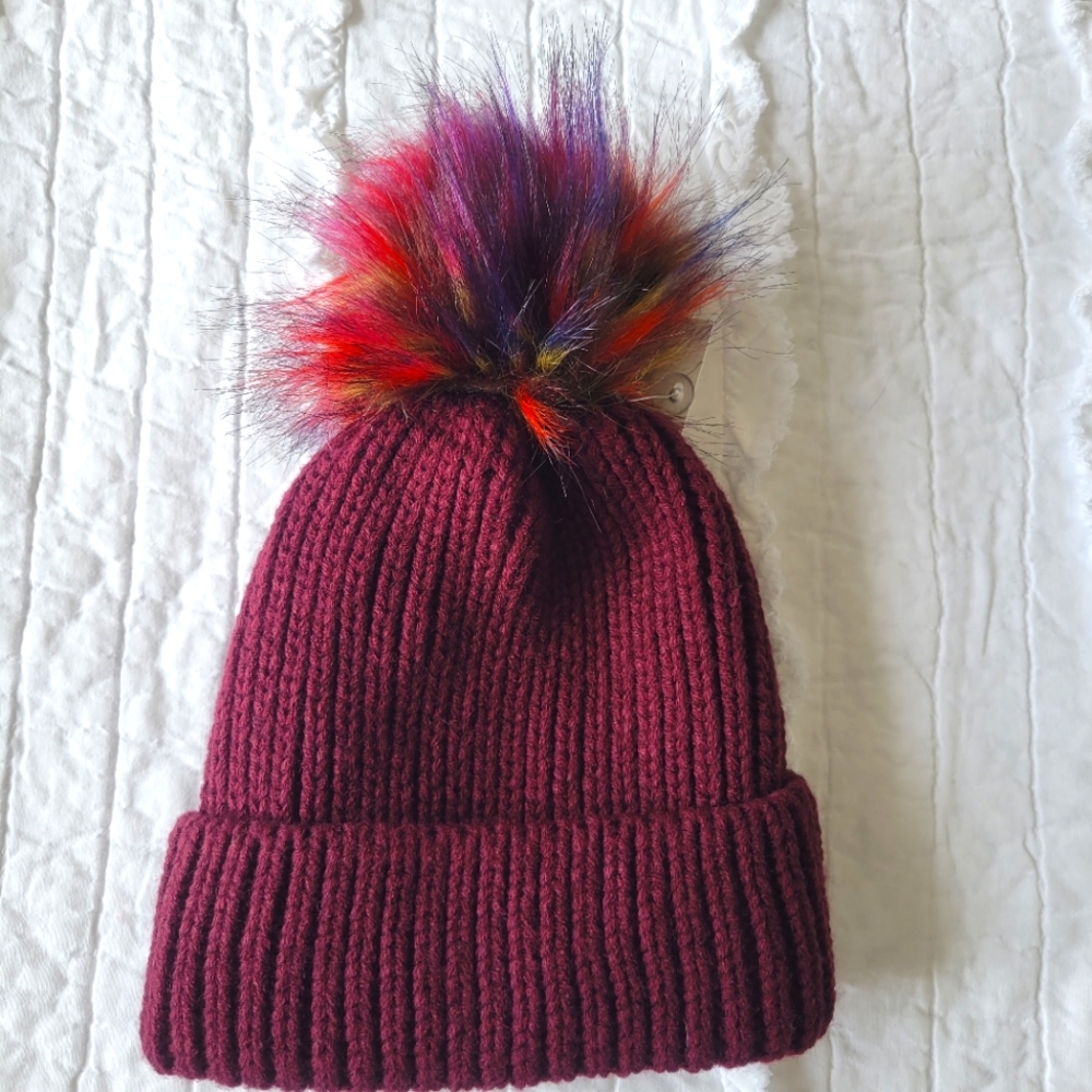 Forever 21 Fur Puff Knit Beanie Burgundy Neon Fur NWT